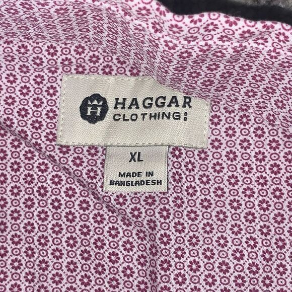 Haggar Clothing Men Size XL Button Front Shirt Pink Purple Geo Print 100% Cotton - Picture 2 of 7